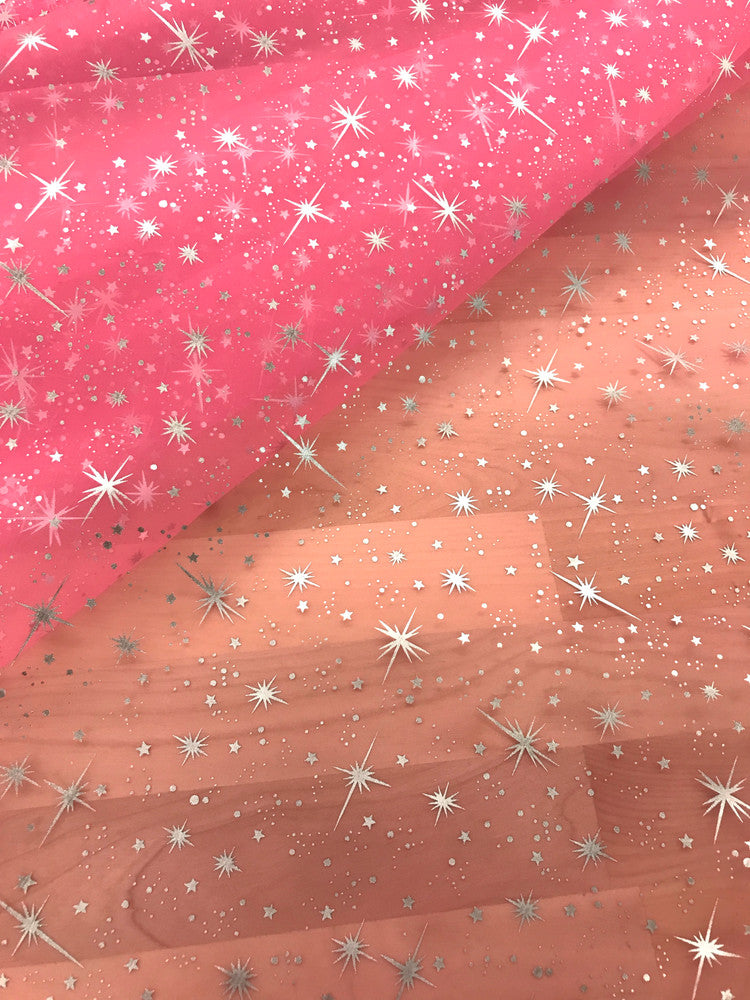 Foil Star Polyester Organza Fabric - Multiple Colors, Silver Foil Stars, 58/59" Width (1 Yard)