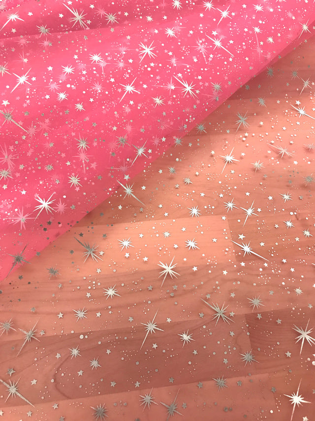 Foil Star Polyester Organza Fabric - Multiple Colors, Silver Foil Stars, 58/59" Width (1 Yard)