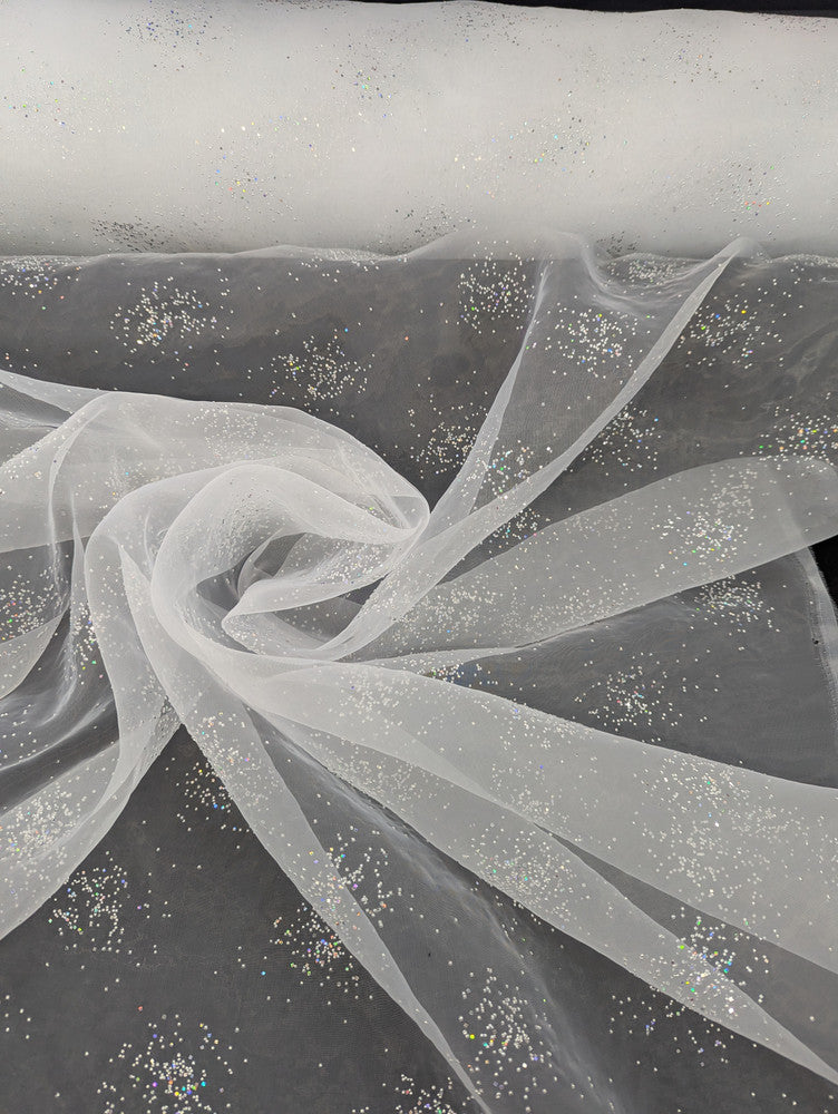 Dew Drop Sparkle Organza Polyester Fabric - White, Ice Pink Iridescent Dewdrop Pattern, 58-59" Width (1 Yard)