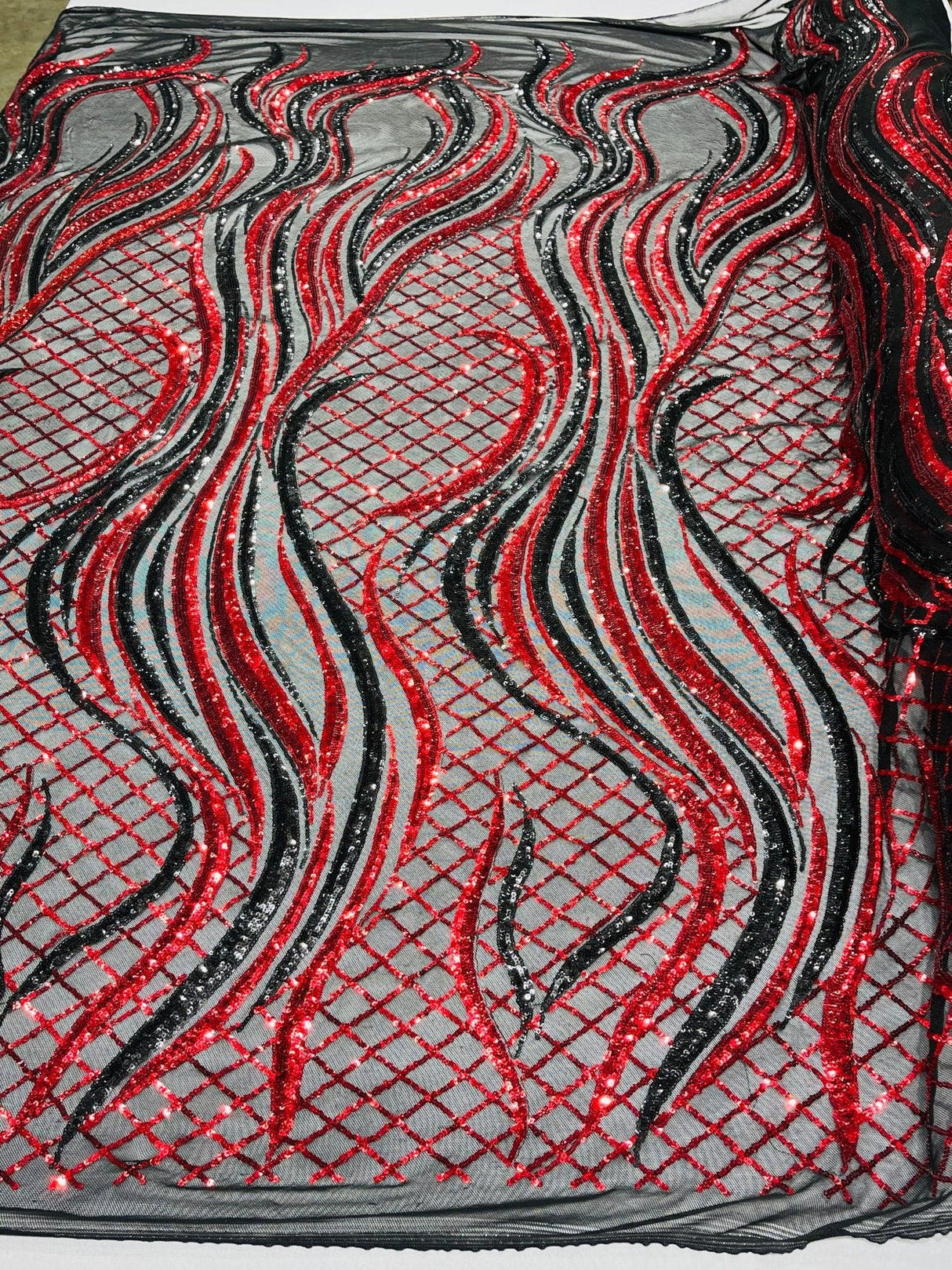 Flame Sequin Polyester Fabric - Flame Sequin Embroidered Mesh, 54" Width (1 Yard)