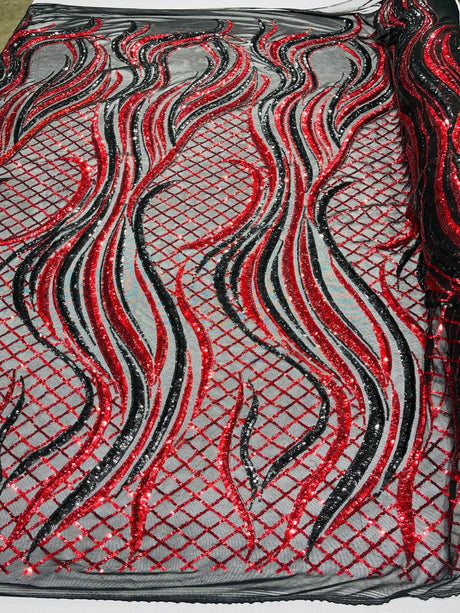 Flame Sequin Polyester Fabric - Flame Sequin Embroidered Mesh, 54" Width (1 Yard)
