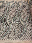 Flame Sequin Polyester Fabric - Flame Sequin Embroidered Mesh, 54" Width (1 Yard)