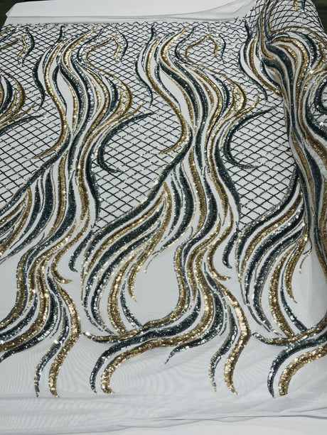 Flame Sequin Polyester Fabric - Flame Sequin Embroidered Mesh, 54" Width (1 Yard)