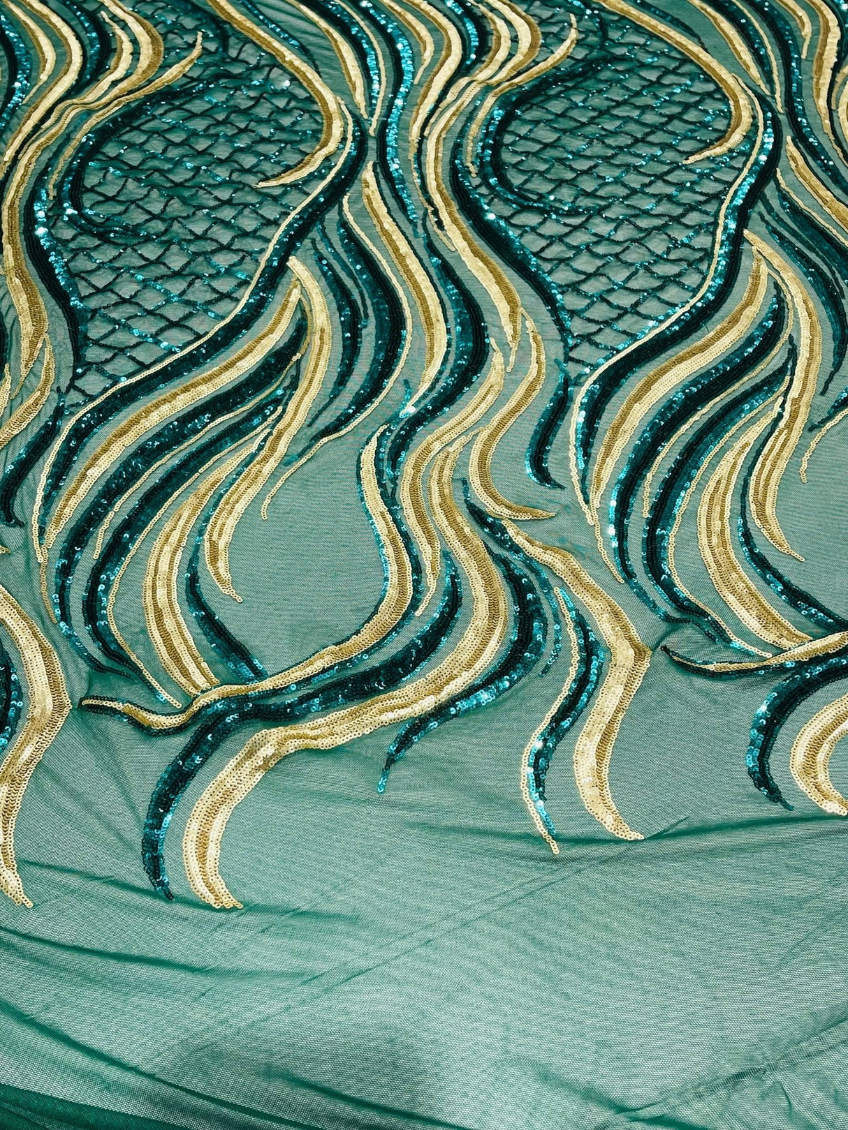 Flame Sequin Polyester Fabric - Flame Sequin Embroidered Mesh, 54" Width (1 Yard)