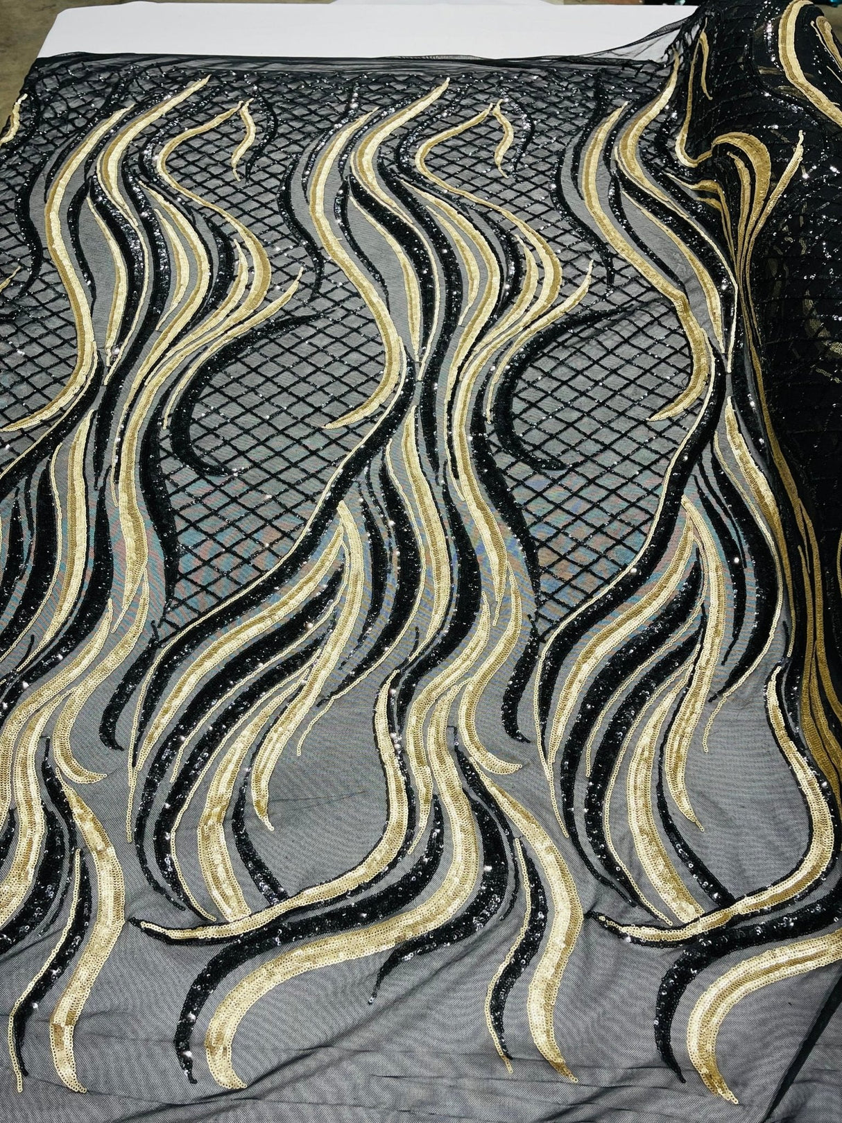 Flame Sequin Polyester Fabric - Flame Sequin Embroidered Mesh, 54" Width (1 Yard)