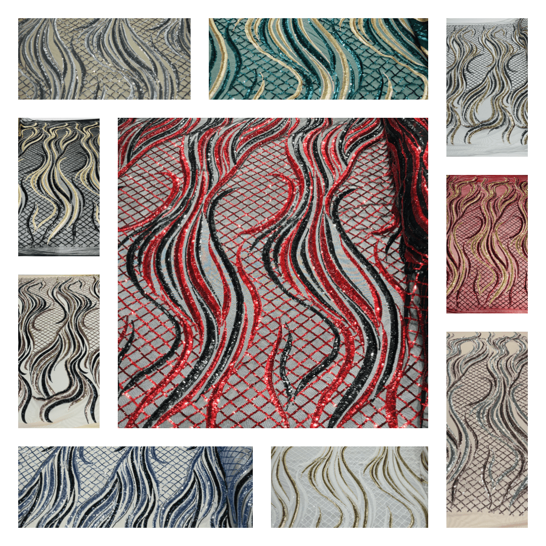 Flame Sequin Polyester Fabric - Flame Sequin Embroidered Mesh, 54" Width (1 Yard)