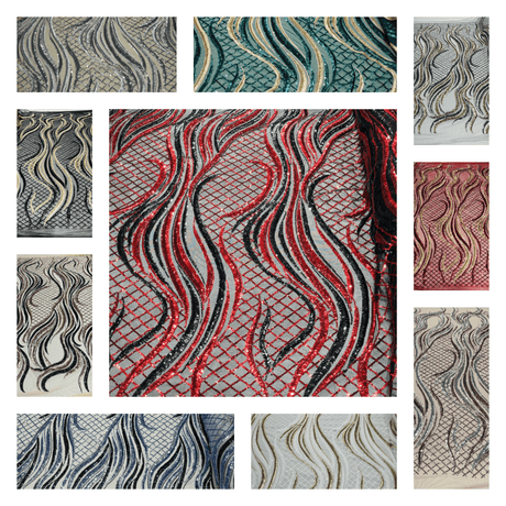 Flame Sequin Polyester Fabric - Flame Sequin Embroidered Mesh, 54" Width (1 Yard)