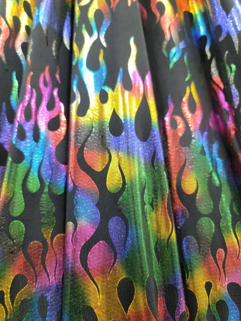 Stretch Pleather Rainbow Flames on Black Foil