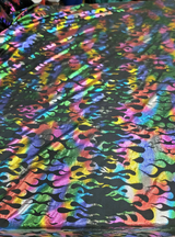 Stretch Pleather Rainbow Flames on Black Foil
