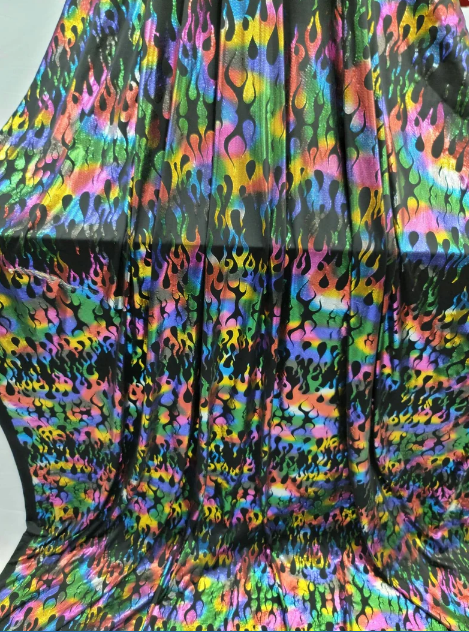 Stretch Pleather Rainbow Flames on Black Foil