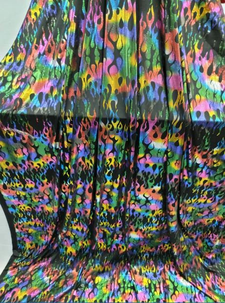 Stretch Pleather Rainbow Flames on Black Foil