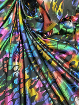 Stretch Pleather Rainbow Flames on Black Foil