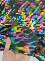 Stretch Pleather Rainbow Flames on Black Foil