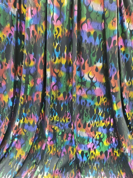 Stretch Pleather Rainbow Flames on Black Foil