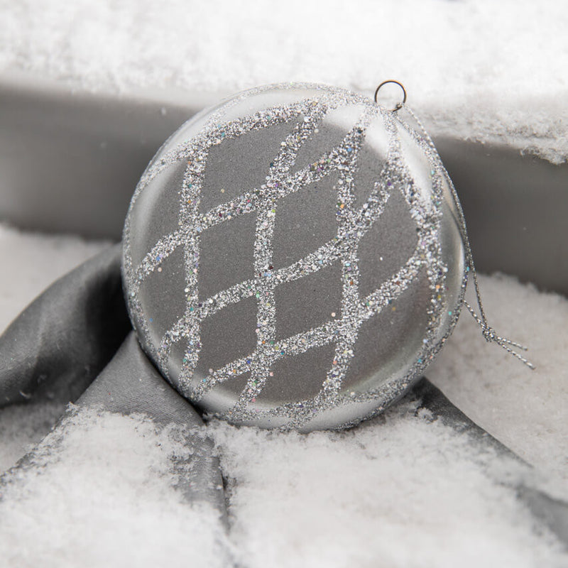 Silver Matte Glitter Flat Round Ornament 10cm Christmas Decor