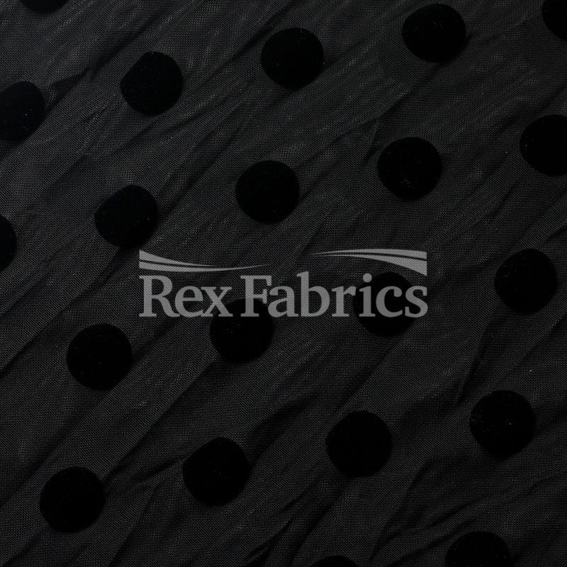 Flocked Dot Mesh Polyester Spandex Fabric - Black Flocked Polka Dots, 58-60" Width, 140 GSM (1 Yard)