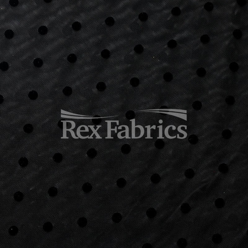 Flocked Dot Mesh Polyester Spandex Fabric - Black Flocked Polka Dots, 58-60" Width, 140 GSM (1 Yard)