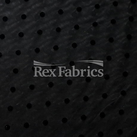 Flocked Dot Mesh Polyester Spandex Fabric - Black Flocked Polka Dots, 58-60" Width, 140 GSM (1 Yard)