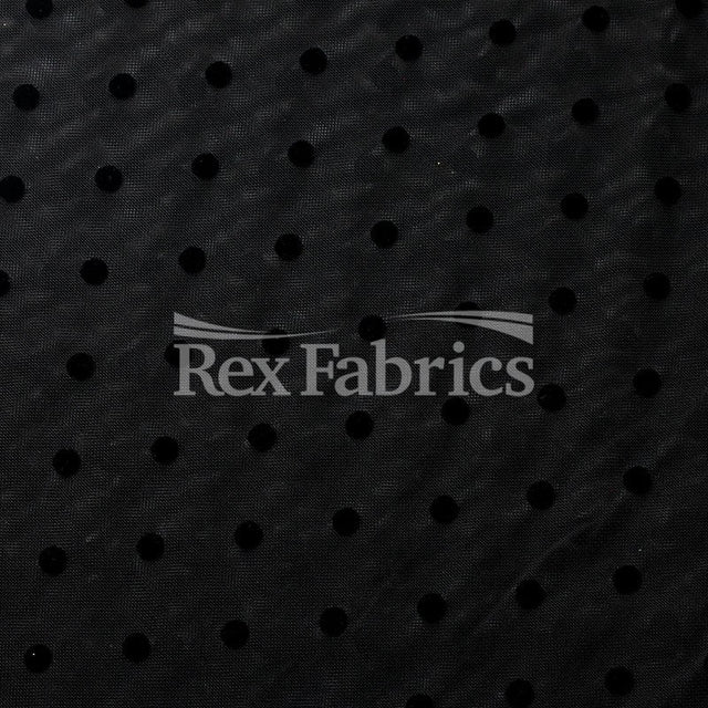 Flocked Dot Mesh Polyester Spandex Fabric - Black Flocked Polka Dots, 58-60" Width, 140 GSM (1 Yard)