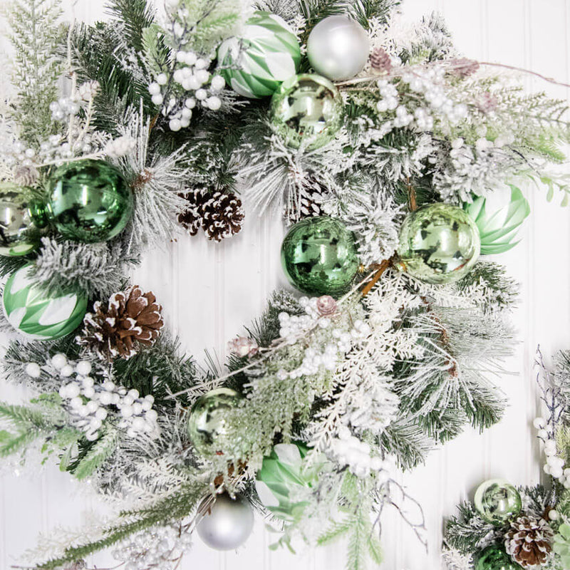 Pine Ball Christmas Wreath 24 Inch Snowy Holiday Decoration