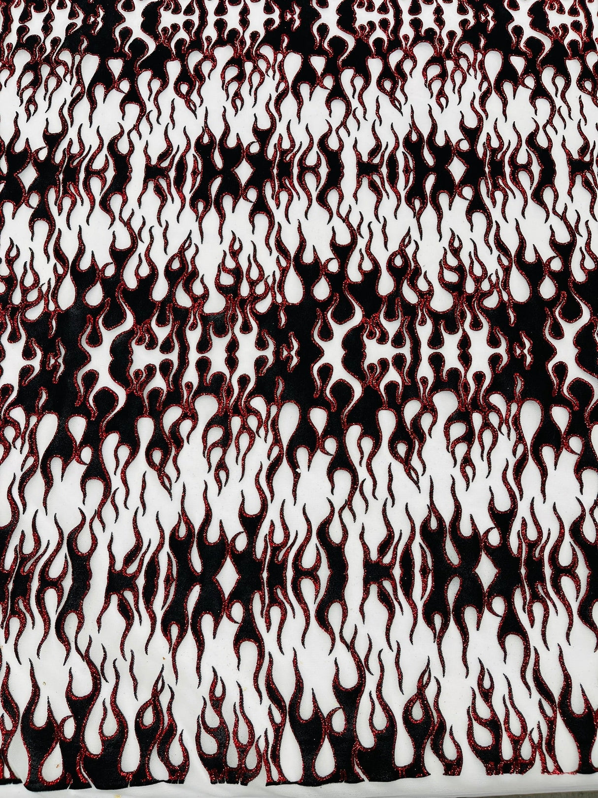 Flocking Flame Power Mesh Power Mesh Fabric - Black Flocked Flames, Red Glitter Accents, 60" Width (1 Yard)
