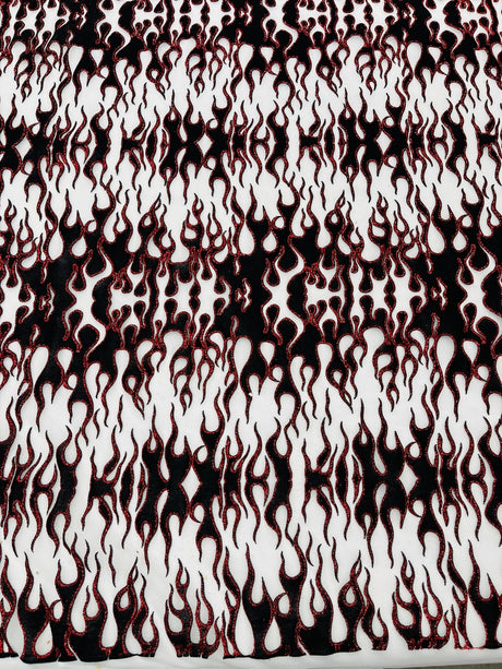 Flocking Flame Power Mesh Power Mesh Fabric - Black Flocked Flames, Red Glitter Accents, 60" Width (1 Yard)