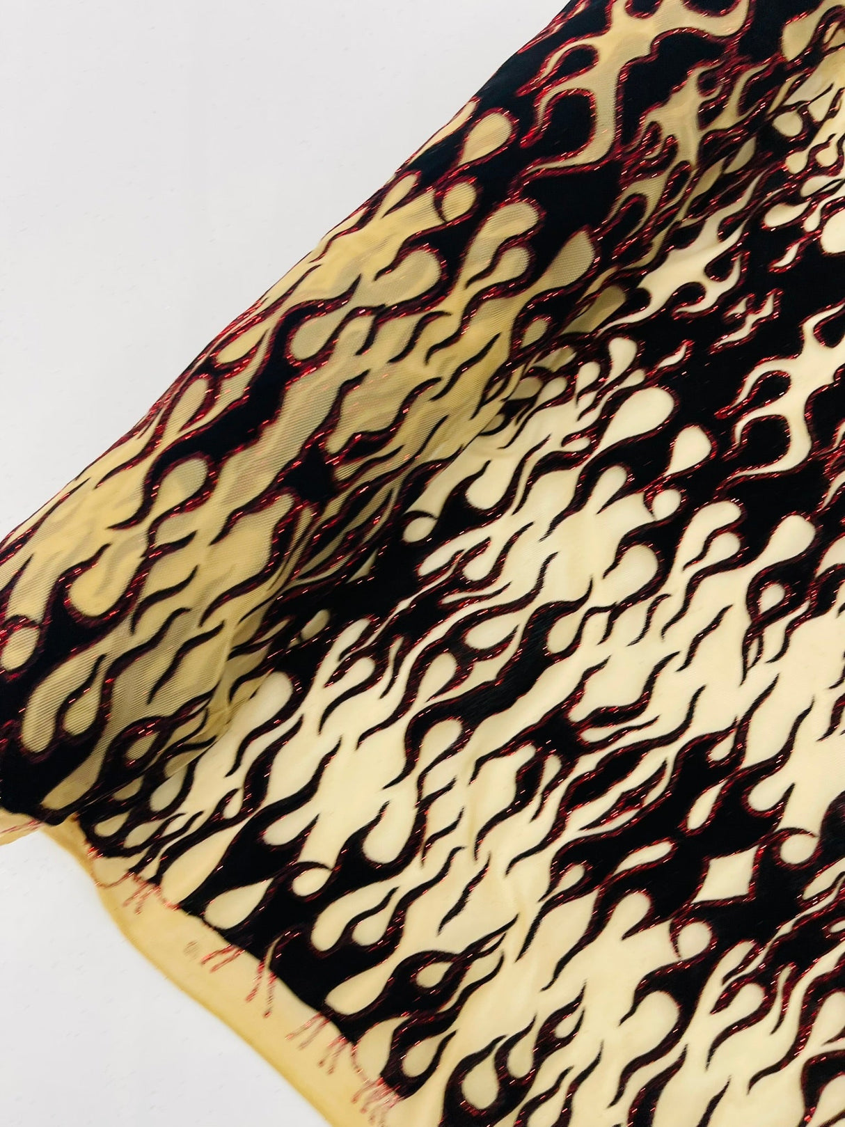 Flocking Flame Power Mesh Power Mesh Fabric - Black Flocked Flames, Red Glitter Accents, 60" Width (1 Yard)