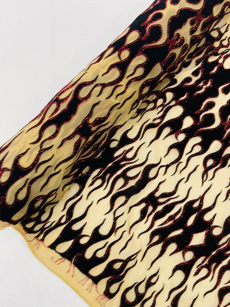 Flocking Flame Power Mesh Power Mesh Fabric - Black Flocked Flames, Red Glitter Accents, 60" Width (1 Yard)