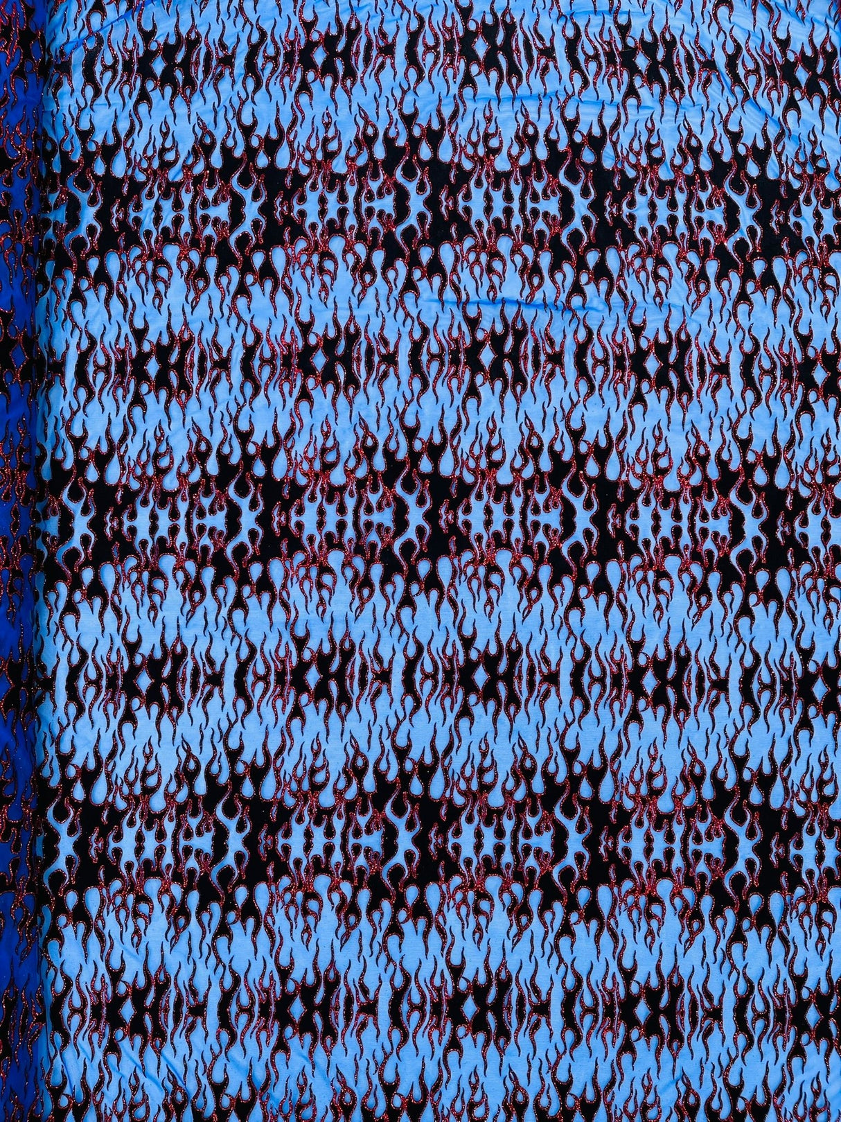 Flocking Flame Power Mesh Power Mesh Fabric - Black Flocked Flames, Red Glitter Accents, 60" Width (1 Yard)