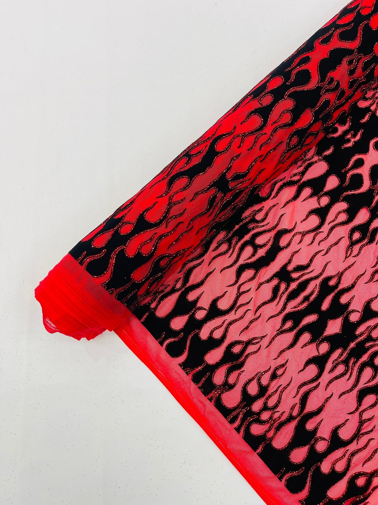 Flocking Flame Power Mesh Power Mesh Fabric - Black Flocked Flames, Red Glitter Accents, 60" Width (1 Yard)