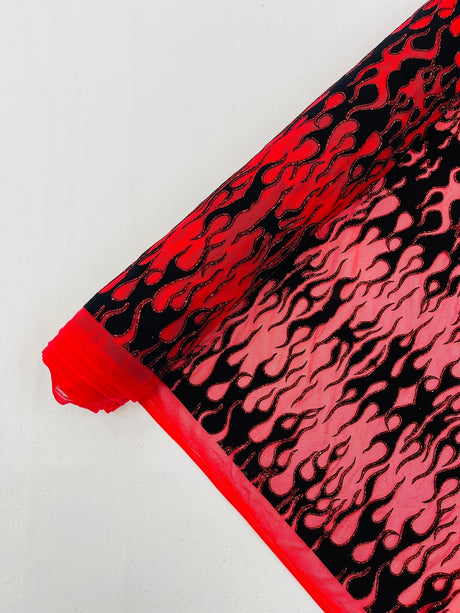 Flocking Flame Power Mesh Power Mesh Fabric - Black Flocked Flames, Red Glitter Accents, 60" Width (1 Yard)