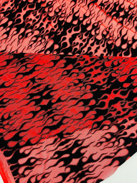 Flocking Flame Power Mesh Power Mesh Fabric - Black Flocked Flames, Red Glitter Accents, 60" Width (1 Yard)