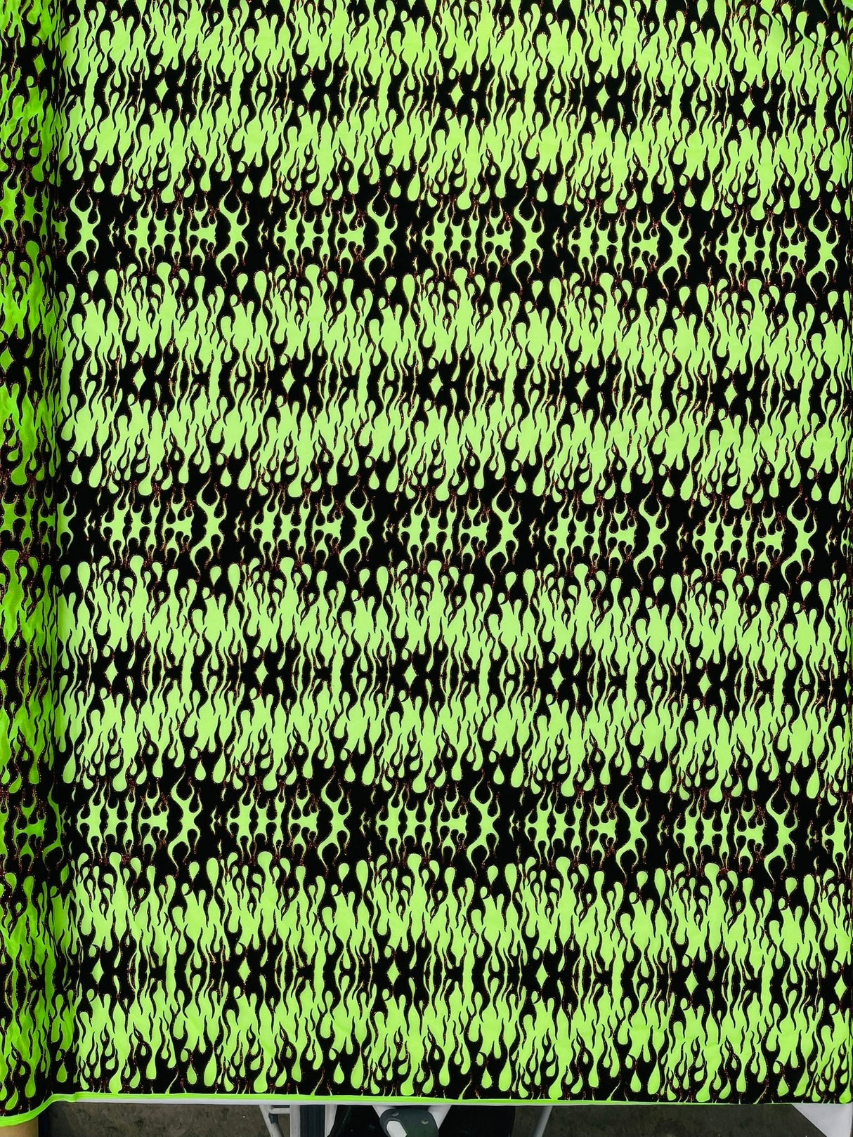 Flocking Flame Power Mesh Power Mesh Fabric - Black Flocked Flames, Red Glitter Accents, 60" Width (1 Yard)