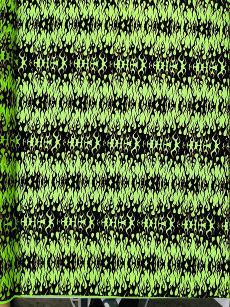 Flocking Flame Power Mesh Power Mesh Fabric - Black Flocked Flames, Red Glitter Accents, 60" Width (1 Yard)