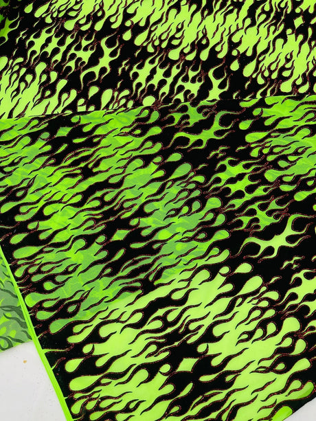 Flocking Flame Power Mesh Power Mesh Fabric - Black Flocked Flames, Red Glitter Accents, 60" Width (1 Yard)