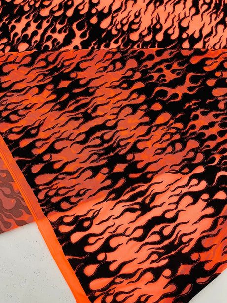 Flocking Flame Power Mesh Power Mesh Fabric - Black Flocked Flames, Red Glitter Accents, 60" Width (1 Yard)