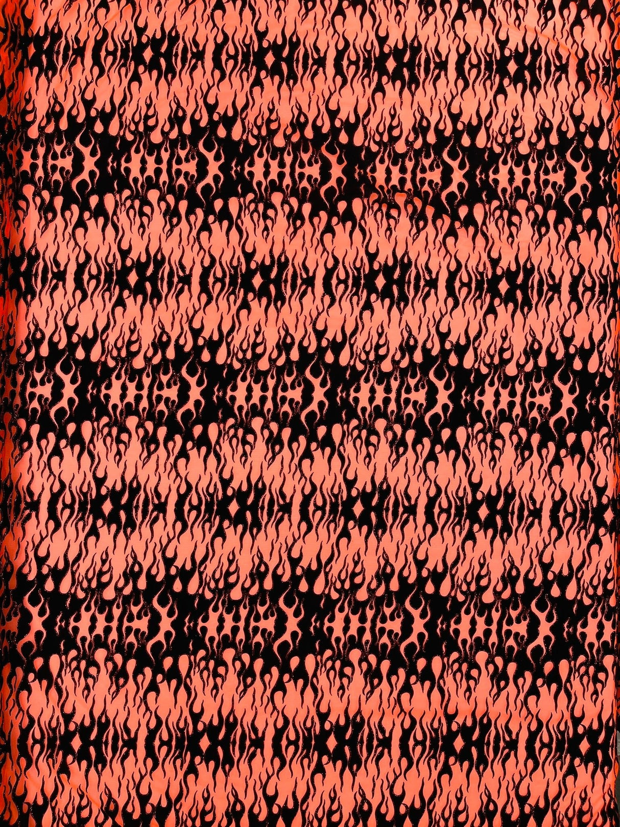 Flocking Flame Power Mesh Power Mesh Fabric - Black Flocked Flames, Red Glitter Accents, 60" Width (1 Yard)