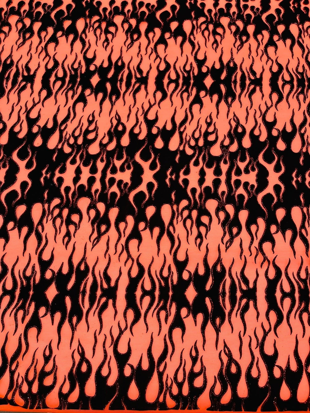 Flocking Flame Power Mesh Power Mesh Fabric - Black Flocked Flames, Red Glitter Accents, 60" Width (1 Yard)