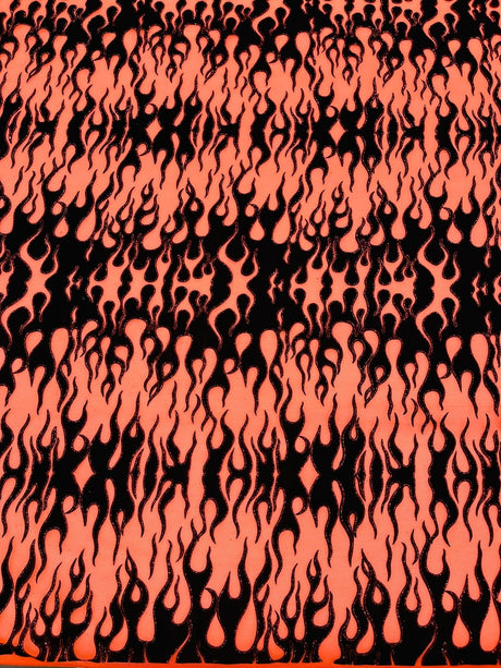 Flocking Flame Power Mesh Power Mesh Fabric - Black Flocked Flames, Red Glitter Accents, 60" Width (1 Yard)