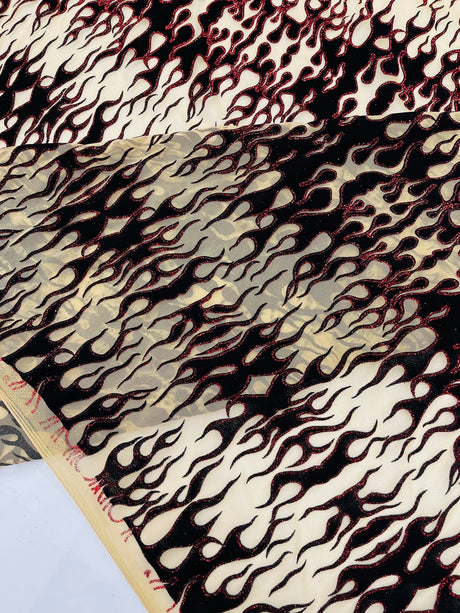 Flocking Flame Power Mesh Power Mesh Fabric - Black Flocked Flames, Red Glitter Accents, 60" Width (1 Yard)