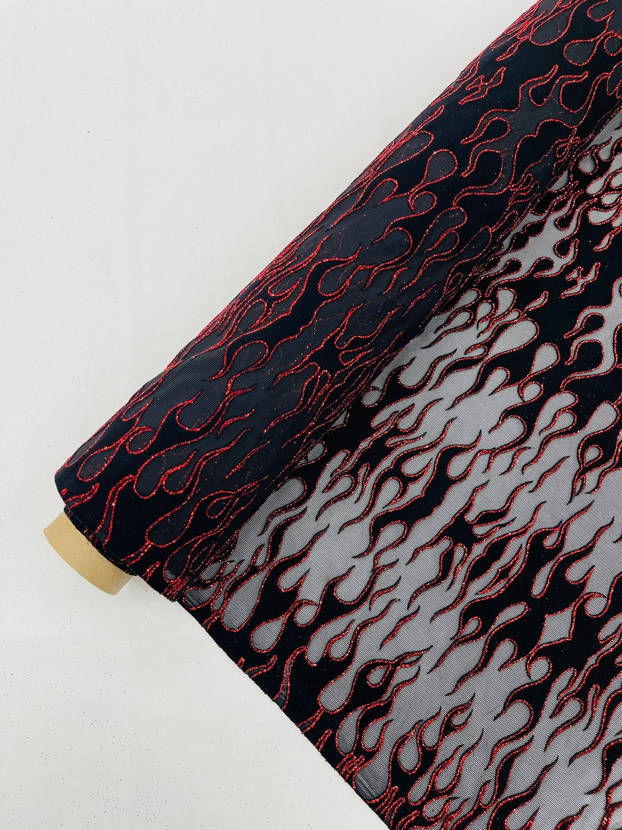 Flocking Flame Power Mesh Power Mesh Fabric - Black Flocked Flames, Red Glitter Accents, 60" Width (1 Yard)