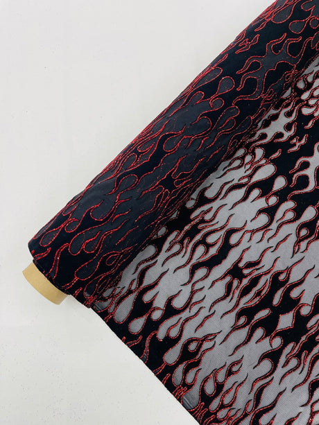 Flocking Flame Power Mesh Power Mesh Fabric - Black Flocked Flames, Red Glitter Accents, 60" Width (1 Yard)