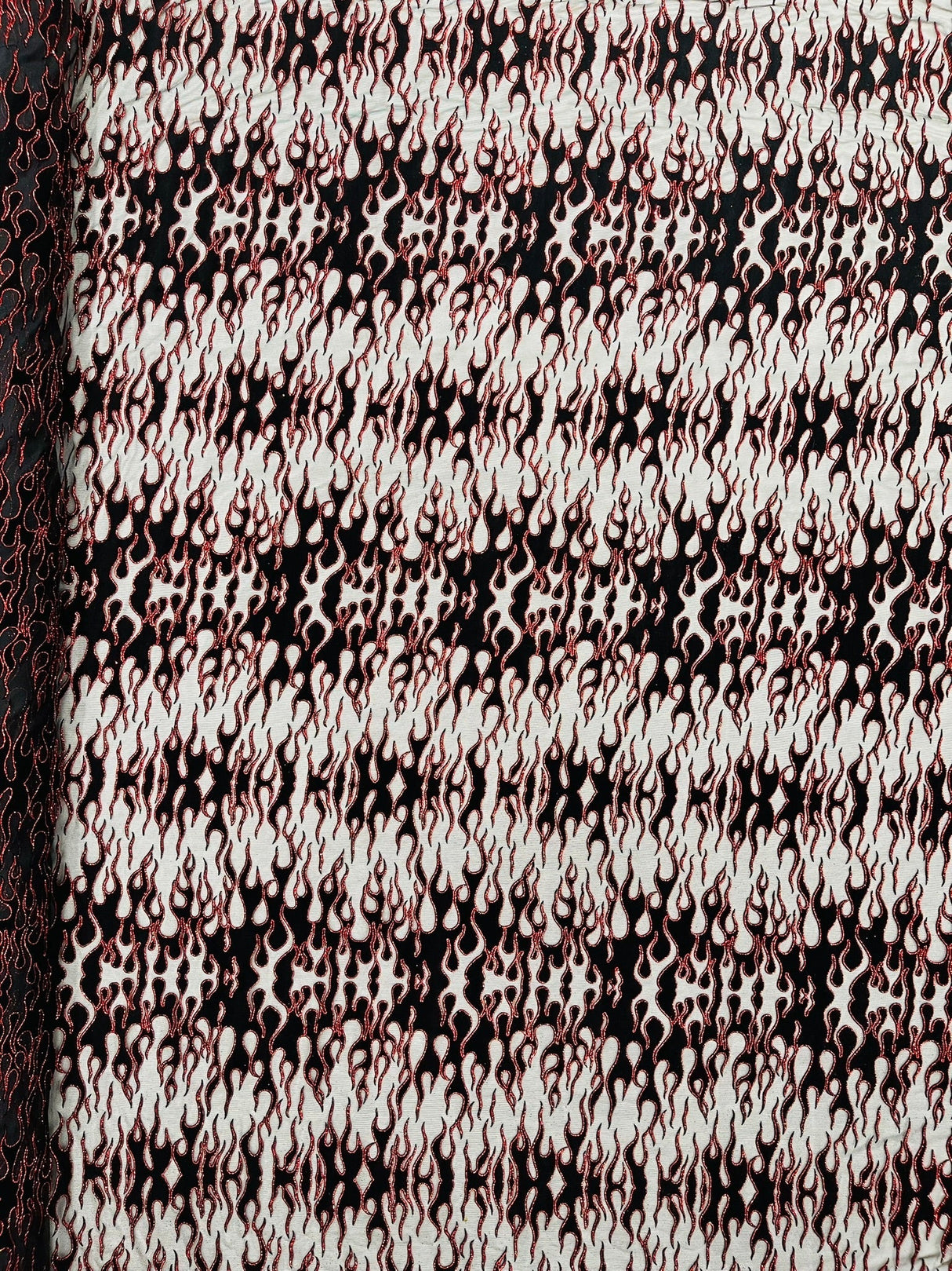 Flocking Flame Power Mesh Power Mesh Fabric - Black Flocked Flames, Red Glitter Accents, 60" Width (1 Yard)