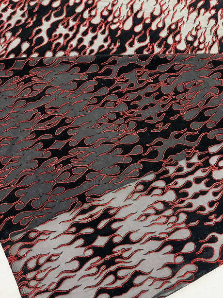 Flocking Flame Power Mesh Power Mesh Fabric - Black Flocked Flames, Red Glitter Accents, 60" Width (1 Yard)
