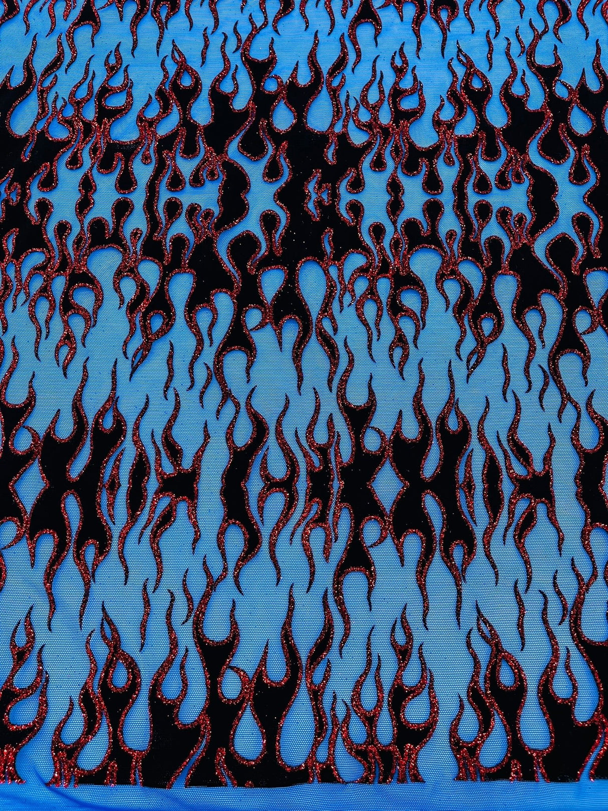 Flocking Flame Power Mesh Power Mesh Fabric - Black Flocked Flames, Red Glitter Accents, 60" Width (1 Yard)