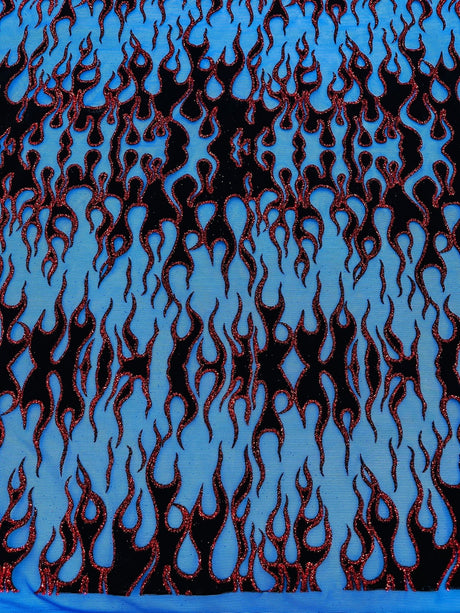 Flocking Flame Power Mesh Power Mesh Fabric - Black Flocked Flames, Red Glitter Accents, 60" Width (1 Yard)