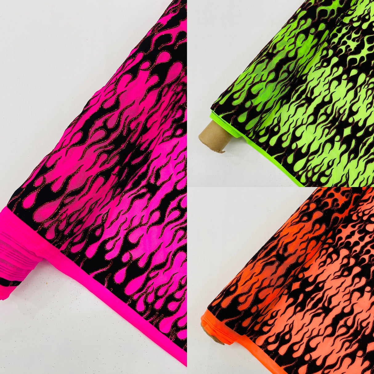 Flocking Flame Power Mesh Power Mesh Fabric - Black Flocked Flames, Red Glitter Accents, 60" Width (1 Yard)