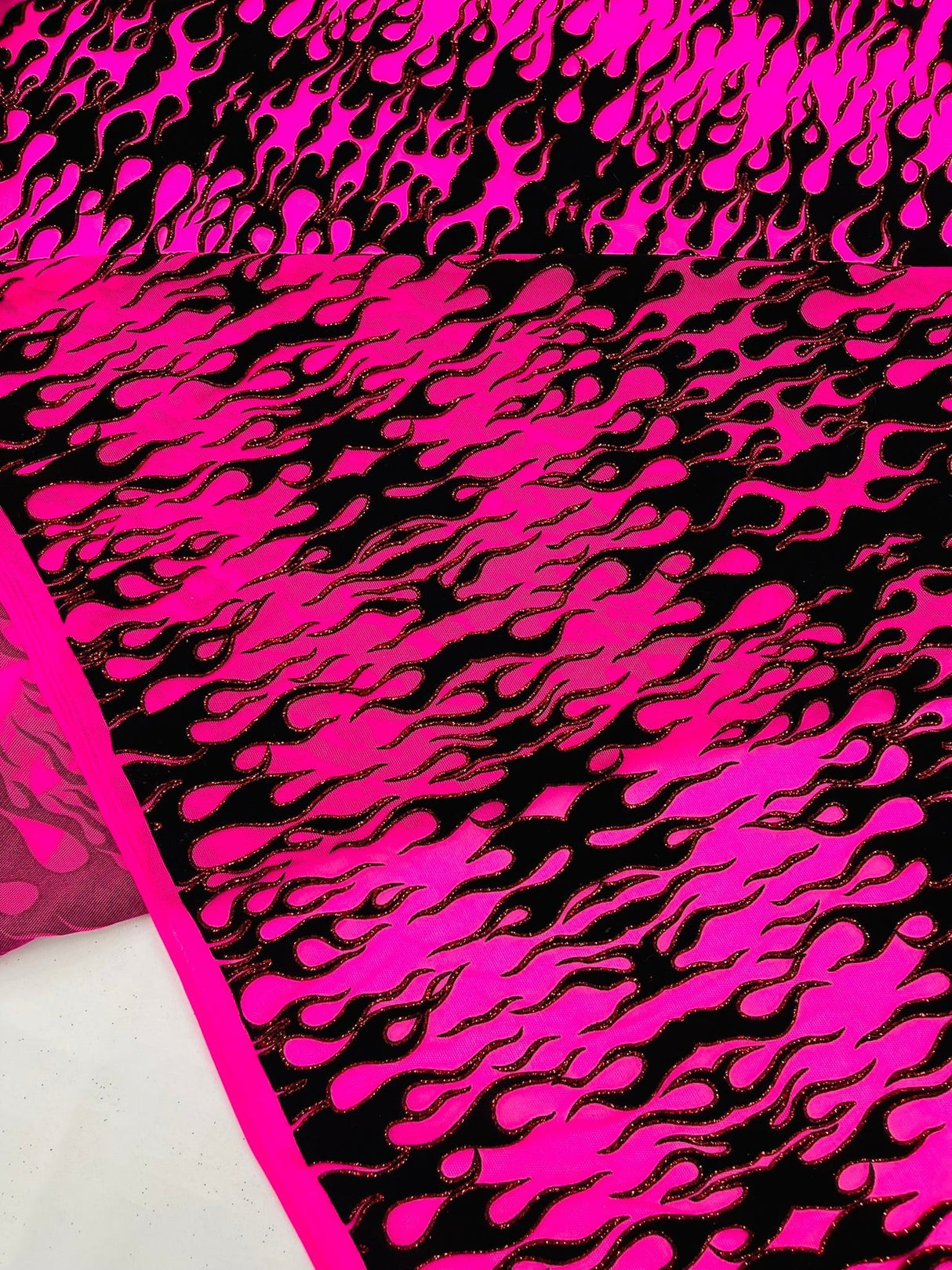Flocking Flame Power Mesh Power Mesh Fabric - Black Flocked Flames, Red Glitter Accents, 60" Width (1 Yard)