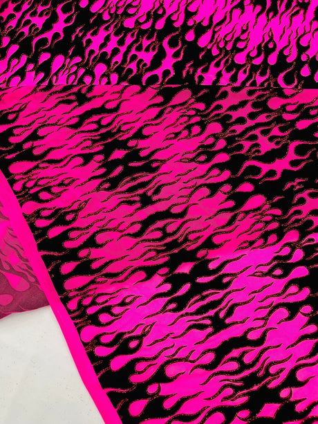Flocking Flame Power Mesh Power Mesh Fabric - Black Flocked Flames, Red Glitter Accents, 60" Width (1 Yard)