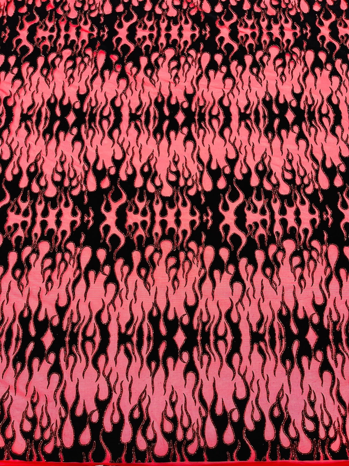 Flocking Flame Power Mesh Power Mesh Fabric - Black Flocked Flames, Red Glitter Accents, 60" Width (1 Yard)